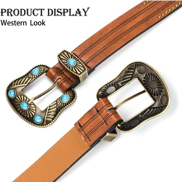 Western-Leather-Belts-Women Vintage Waist-Belts with Hollow Out Flower Buckle… - Picture 4 of 7